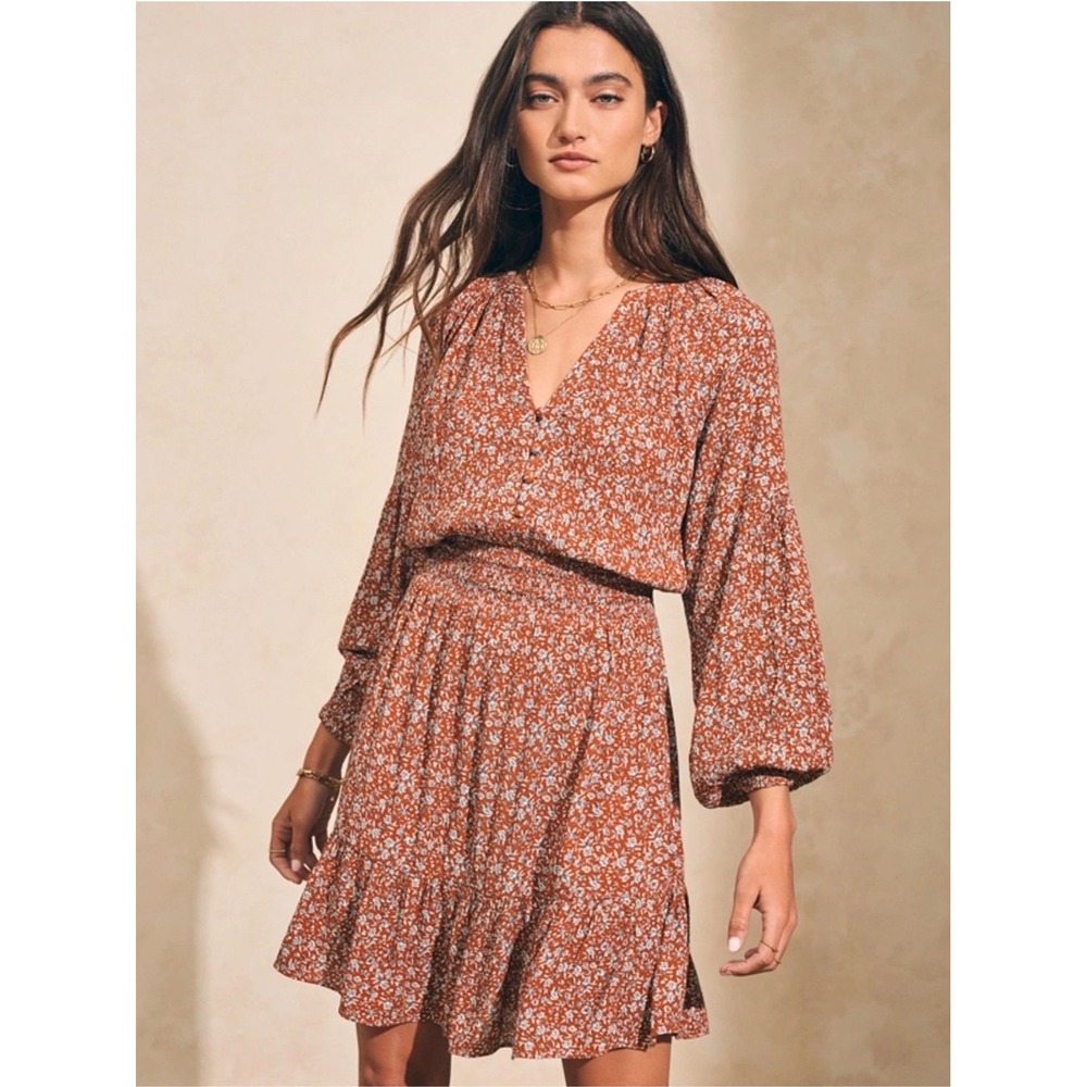Faherty Montana Dress Rust Floral Smocked Waist Mini Dress XS Boho